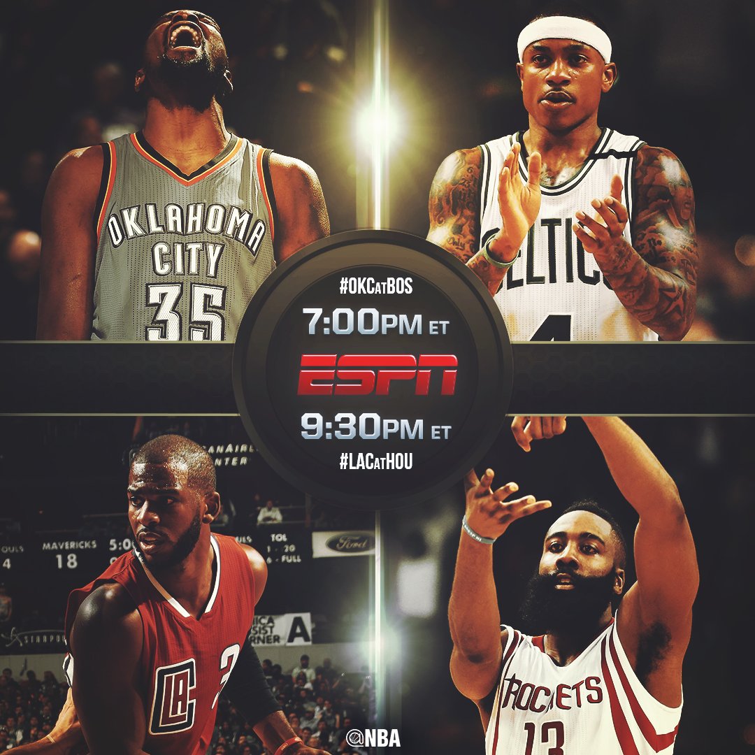 NBA's tweet photo. Tonight's @ESPNNBA doubleheader tips off with #OKCatBOS at 7pm/et, followed by #LACatHOU at 9:30pm/et! https://t.co/tgiJYl3HON