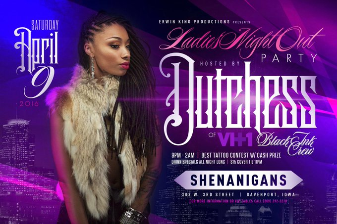 Iowa! I will see you at Shenanigans on April 9th. Come turn up with me!  #VH1 #BlackIncCrew #PrettyNInk<a href="/tag/vh1"class="tags"><span>#vh1</span></a><a href="/tag/dutchess"class="tags"><span>#dutchess</span></a><a href="/tag/prettynink"class="tags"><span>#prettynink</span></a><a href="/tag/blackinccrew"class="tags"><span>#blackinccrew</span></a>
