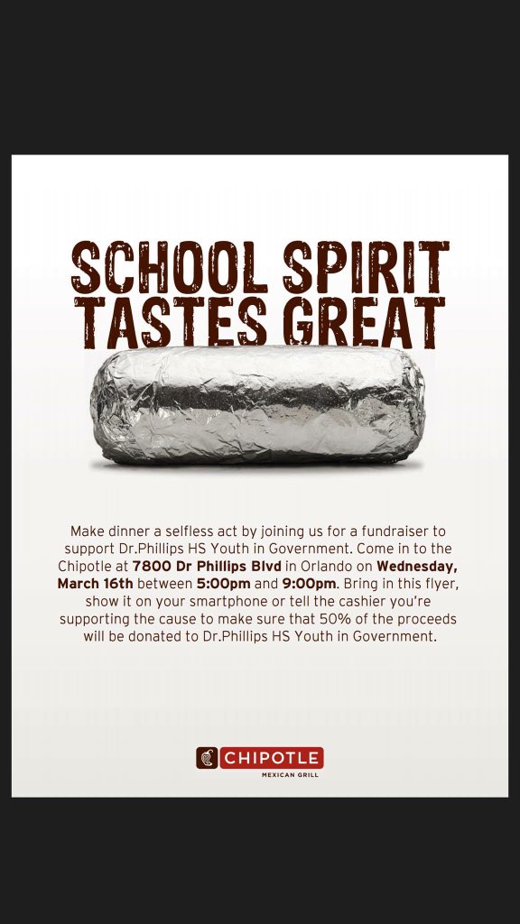 richschellhase's tweet photo. Still 90 minutes left to get a great meal and help out @dphsyig!We are here at the Dr Phillips @ChipotleTweets til 9 https://t.co/ajujY1BBAy