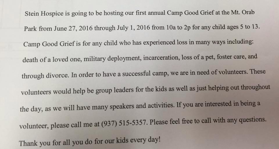 Stein Hospice is hosting a Grief Camp this summer! What a great opportunity!! Call for more information