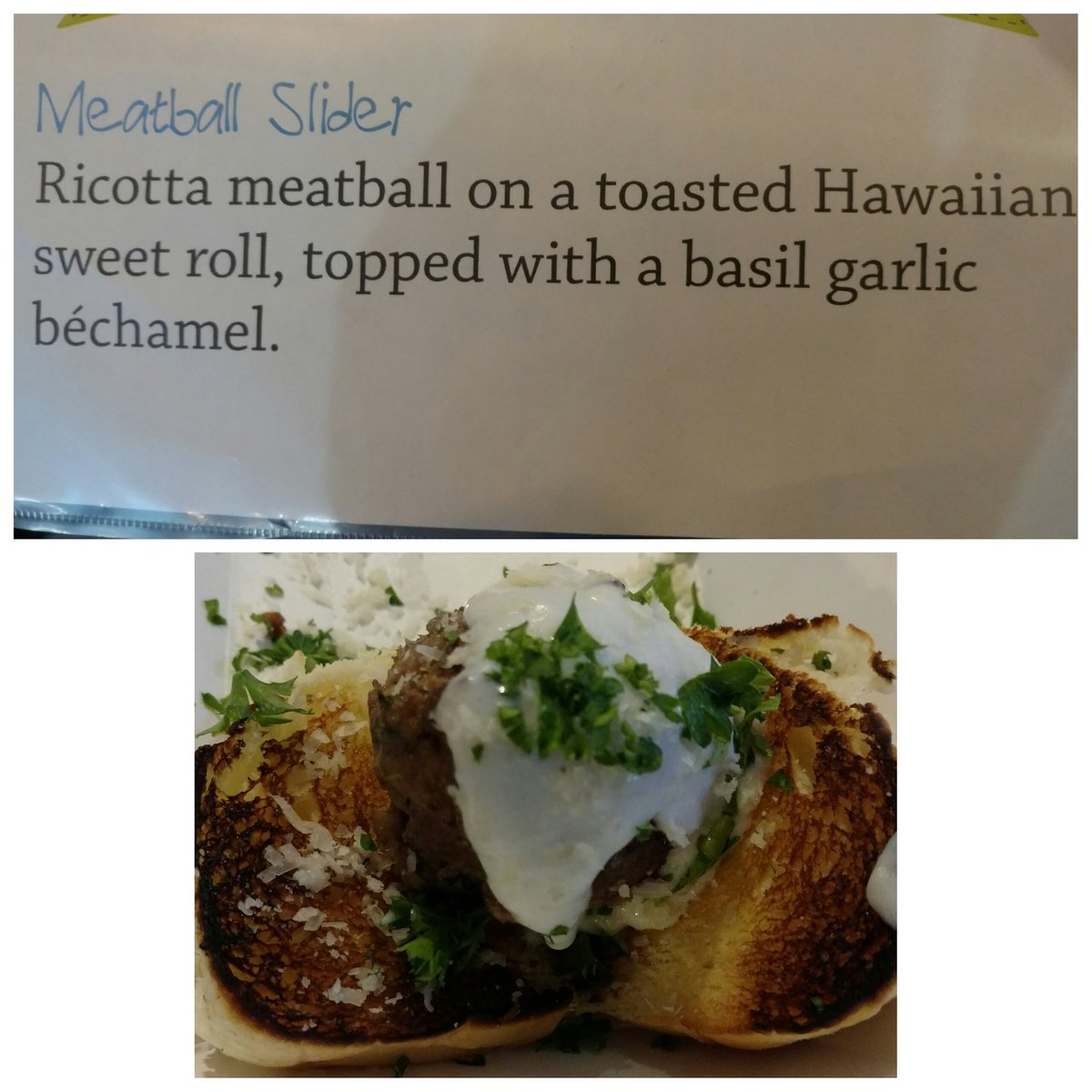 Our meatball slider, ricotta meatball on a toasted Hawaiian sweet roll, topped with a basil garlic bechamel.