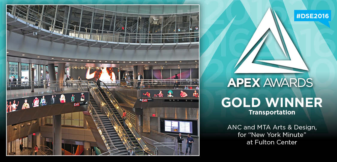 DSEShow's tweet image. The GOLD winner for Transportation is ANC &amp;amp; @MTAArtsDesign for “New York Minute” at @Fulton Center #DSE2016