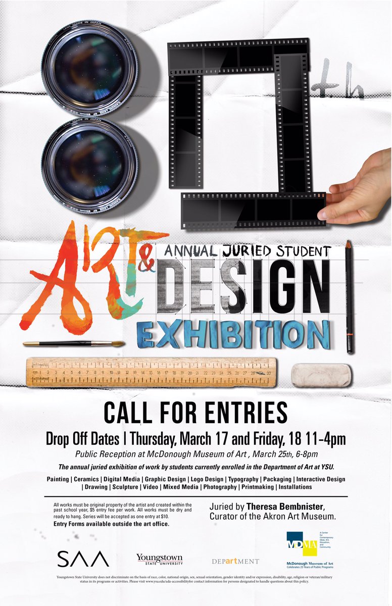 saa_ysu's tweet photo. 80th Annual Juried Student Art &amp; Design Exhibition. Bring your artwork to the McDonough Museum 17 &amp; 18th 11-4pm. https://t.co/RRuZI9qLKf
