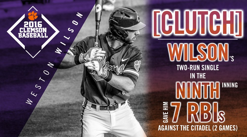 ClemsonBaseball's tweet photo. Weston Wilson kept putting quarters in the merry-go-round for #Clemson with 7 RBIs in the series against The Citadel https://t.co/OmhxoOH2wo