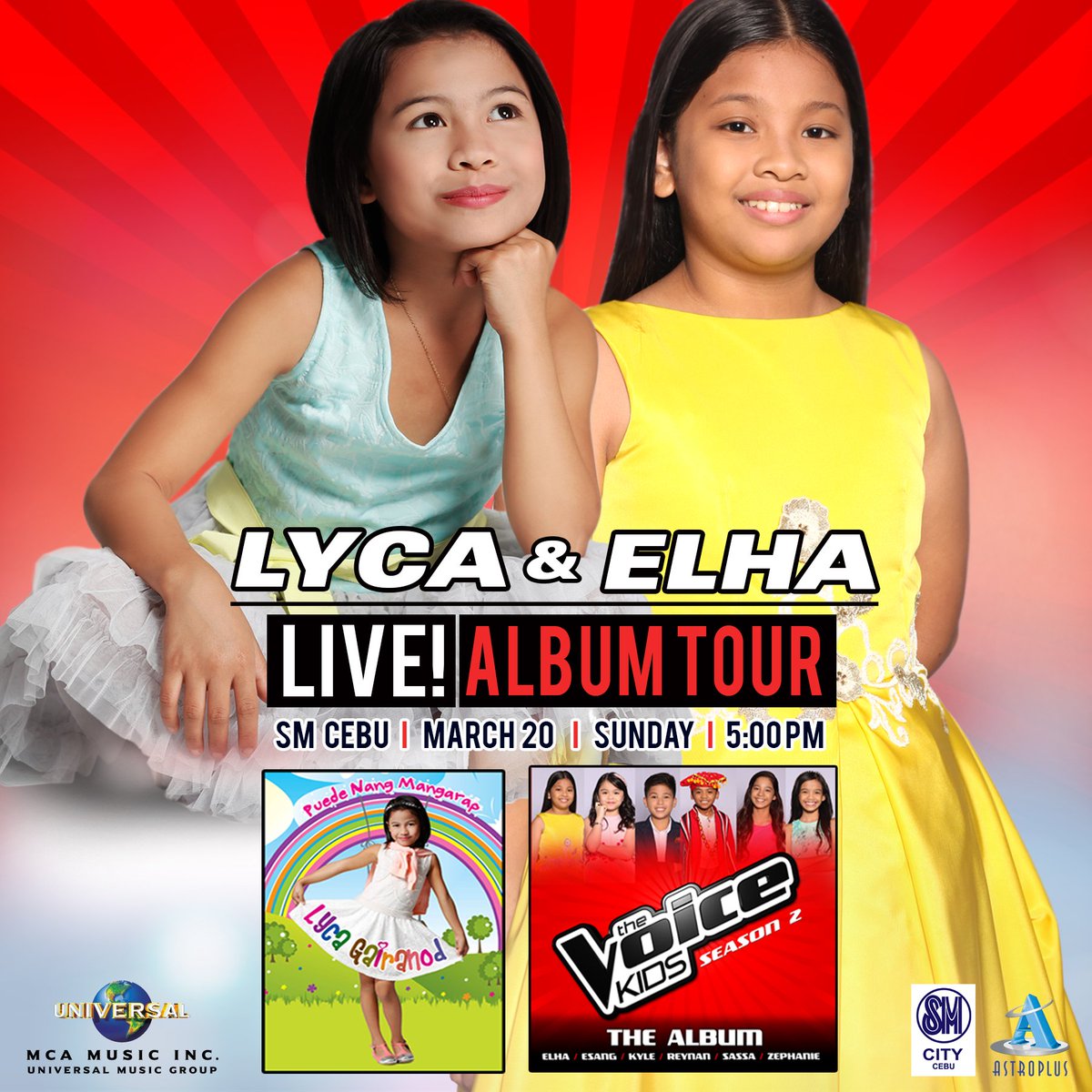 UMG_PH's tweet photo. The Voice Kids Grand Champions Lyca and Elha BACK TO BACK this Saturday at SM Cebu! SEE YOU THERE! https://t.co/7jcrysesap