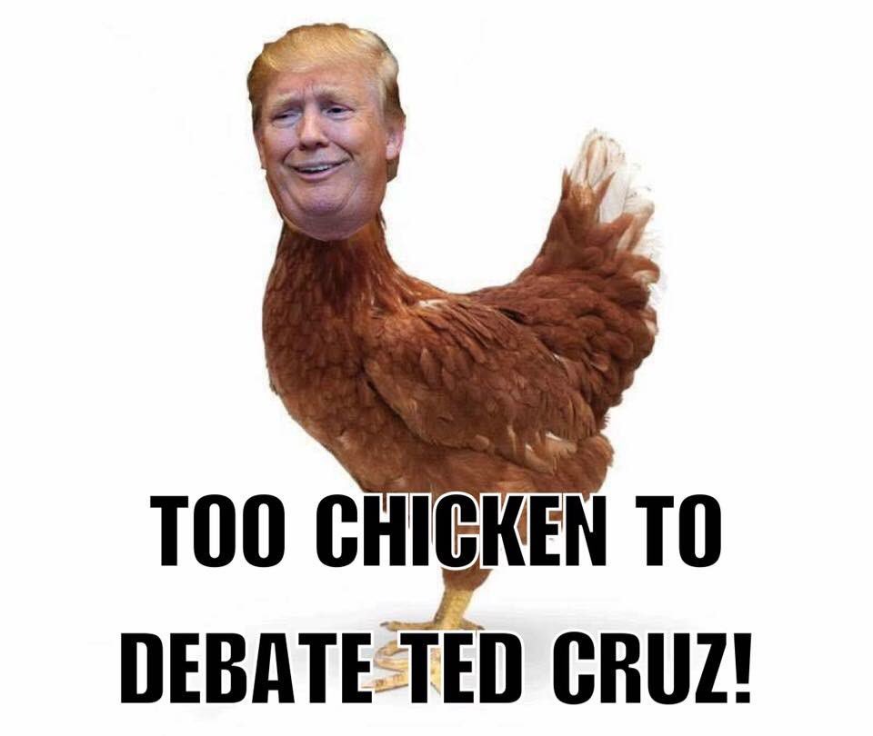 CruzinAhead's tweet photo. Why did the chicken cross the road?
He was scared to debate @tedcruz!!
#NeverTrump #ChooseCruz #DuckingDonald https://t.co/xaw13ecEm5