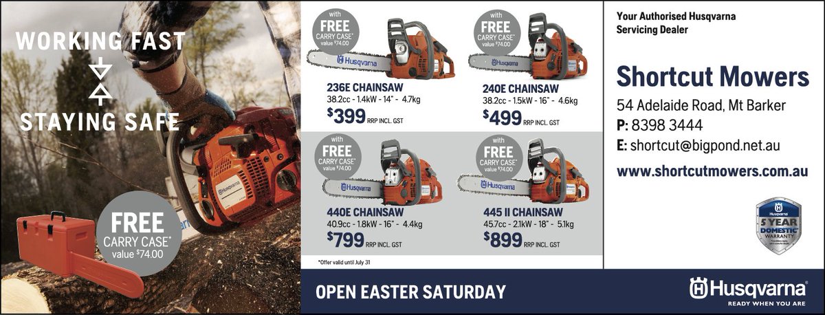 WayneHurrell's tweet image. Great deals on #Husqvarna chainsaws, available instore now.