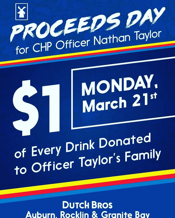 CHPNSac's tweet photo. Get coffee Monday 3/21 @ D.B. in Auburn, Rocklin, or Granite Bay and help support Ofc. Taylor's family. Thanks, DB! https://t.co/xjWYSev3mi