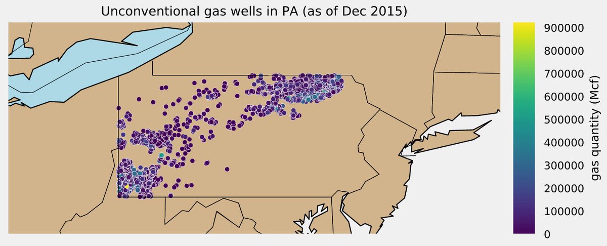 polarwander's tweet photo. For @hackerwithin tutorial, we explored plotting this data set of unconventional gas wells (i.e. fracking) in PA. https://t.co/usMuKeAQyN
