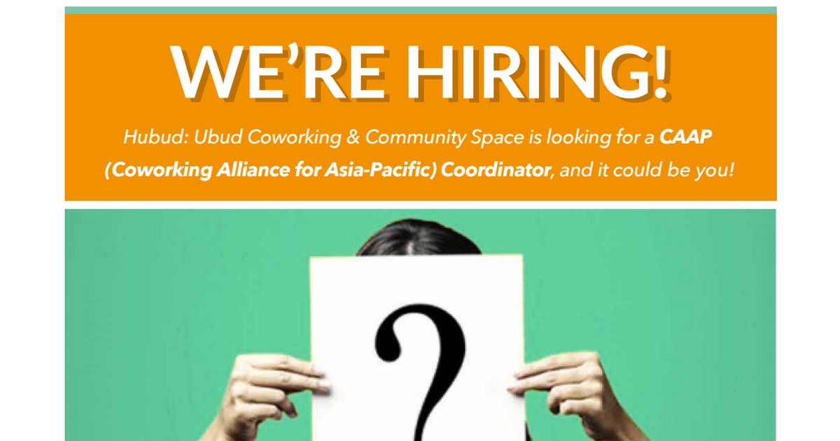 .<a href="/hubudbali/">Hubud</a> is hiring! Come join our growing team in #Ubud, #Bali! #coworkingspace bit.ly/1TPUD4i