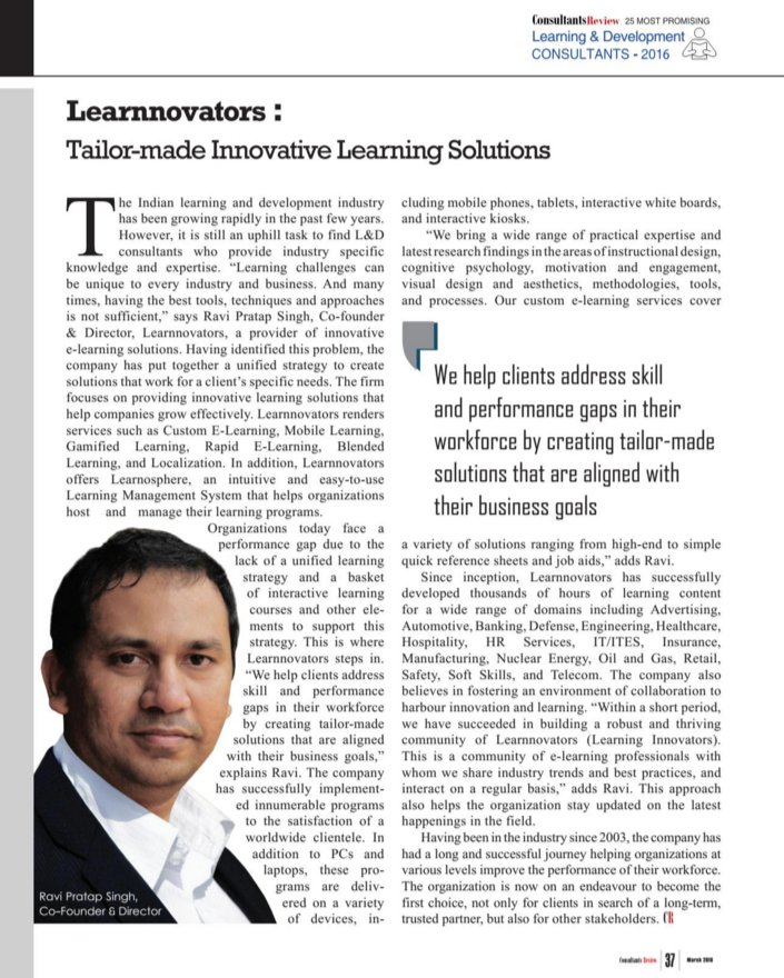 vijaibala's tweet photo. #Learnnovators featured among the "25 Most Promising Learning & Development Consultants 2016" by #consultantsreview https://t.co/Jrg8wRXBn4