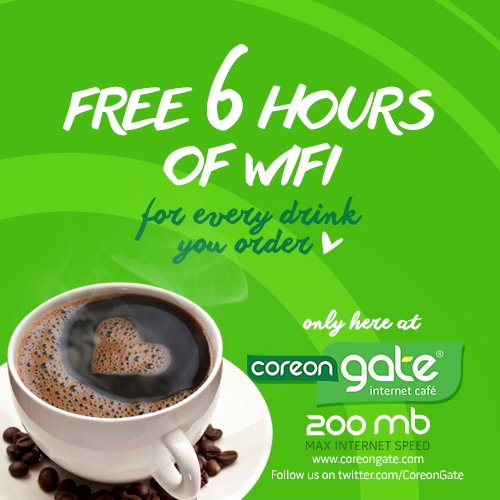 CoreonGate's tweet photo. Who wants free 6 hours of WiFi with their coffee? We know you do! #coreongate #internet #coffee #WiFi #food #fun https://t.co/2q5jUxRSpx
