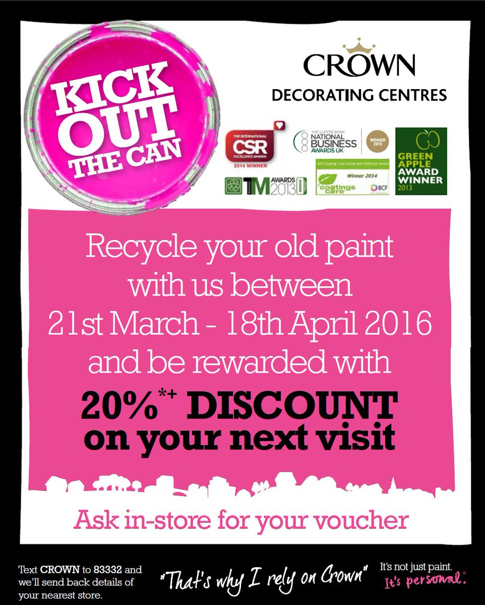MedwayRecycles's tweet photo. 20% off @crownpaints
#KickOutTheCan kicks off this Monday. Full T&amp;C here 
https://t.co/XuNkeFHIQl https://t.co/omiAcBPNCi