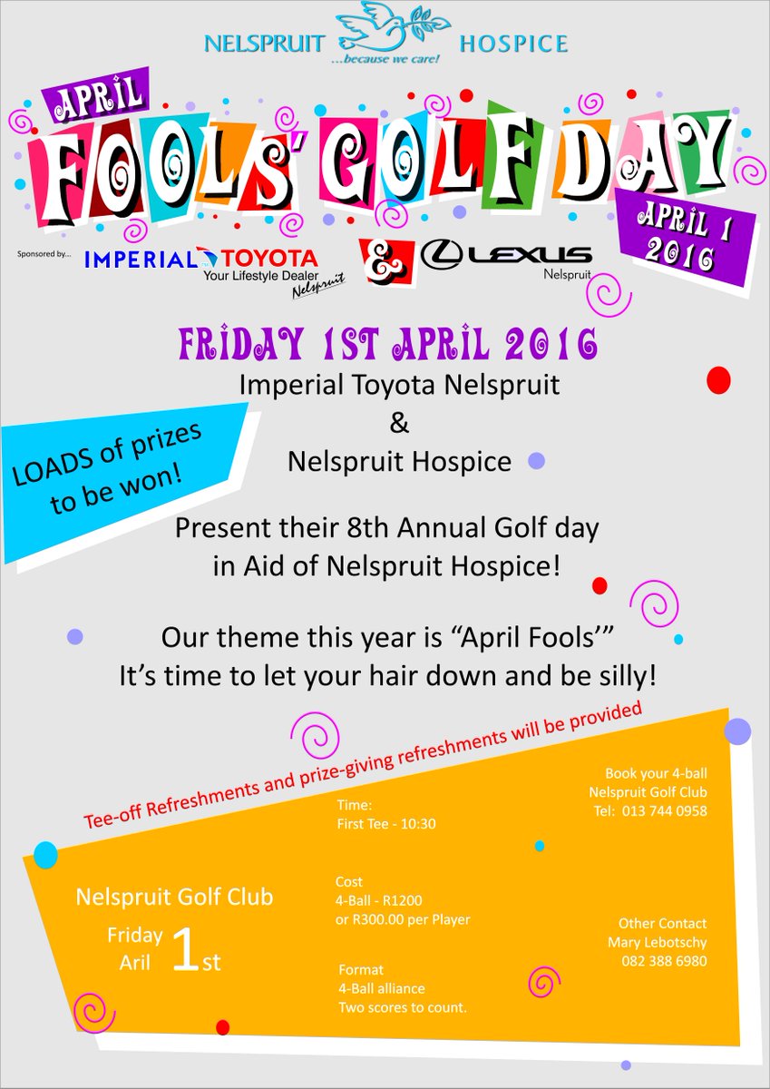 HospiceNst's tweet photo. Please come and join us on the 1st April 2016 for our April Fools Golfday at Nelspruit Golf Club. Lots of prizes https://t.co/gIkAXQFVvJ