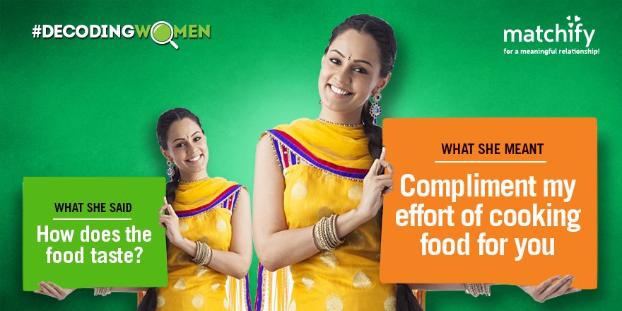 Matchify's tweet photo. Do she expect a compliment when she does something special for u? #DecodingWomen #WhatWomenMean #WomenTellAll https://t.co/96LdjbMsRy