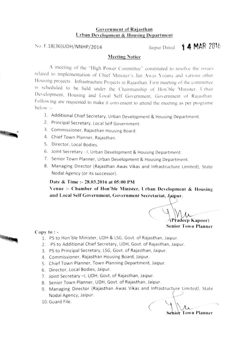 High Power Committee meeting is scheduled to be held on 28.03.2016 under the chairmanship of Hon'ble Minister UDH