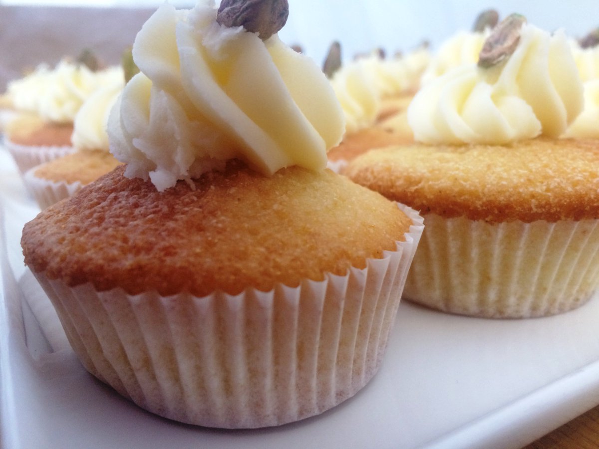 Favourite from yesterday's reception in Cambridge. Mini lemon &amp; pistachio cupcake, orange blossom icing. Yum!