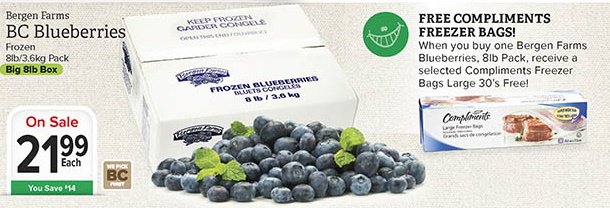 BergenFarms's tweet photo. This week @ThriftyFoods, buy an 8 lb box of frozen Blueberries, and get selected Compliments Freezer bags for FREE!! https://t.co/Txuj46oKLn