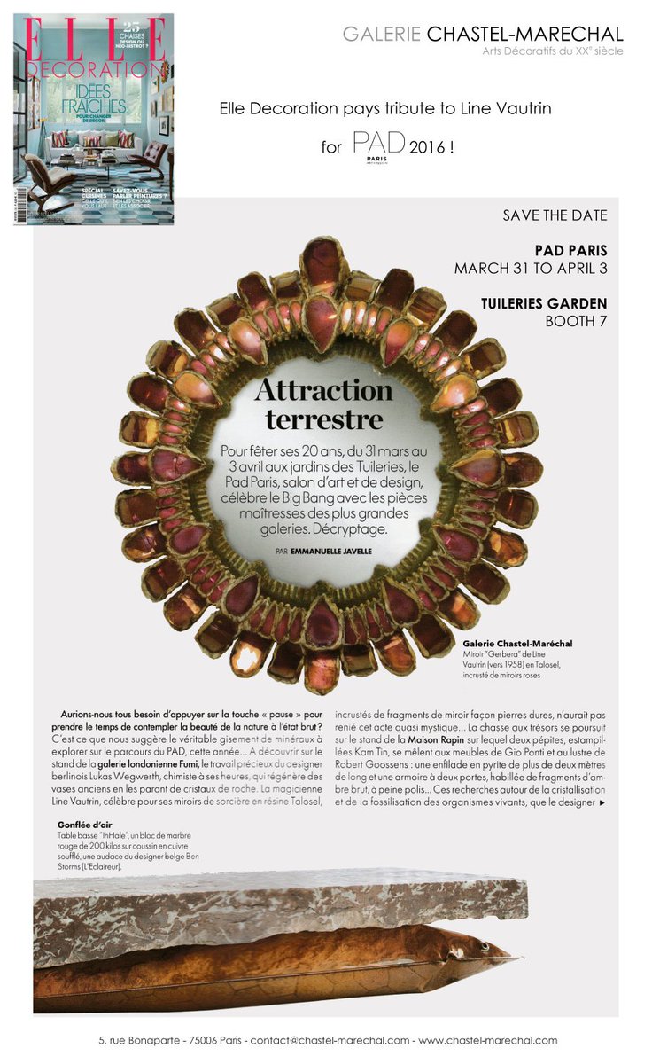 ChastelMarechal's tweet photo. #LineVautrin @ChastelMarechal @padfairs 2016 in #Elledecoration France. Thank you ! https://t.co/djLccYl2gA
