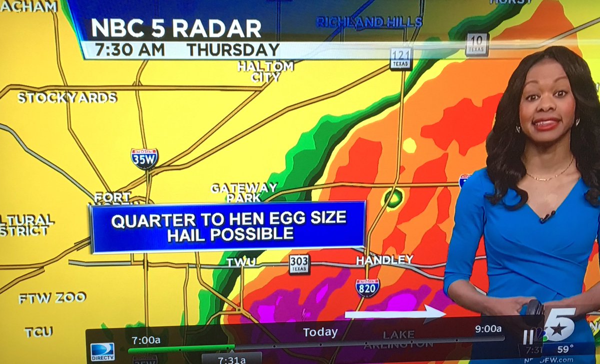 Other states get golf ball size hail while Texas gets hen egg size. Hen-ce, I love Texas! &amp; Remeisha!@RemeishaNBC5