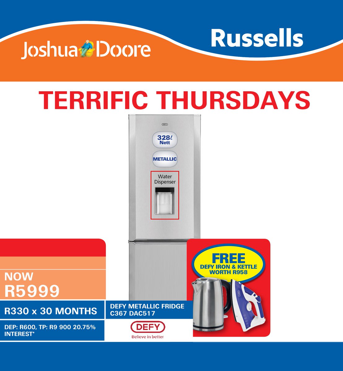 Get a FREE DEFY Kettle and Iron when you purchase this DEFY METALLIC FRIDGE C367 DAC517! Catalogue://bit.ly/1XVxdb9