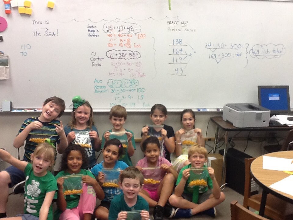 PTEmmalbert's tweet photo. Thinking Math! Adding 3 addends! #estimate #thesekidsrock #bracemap #lotsoffishinthesea https://t.co/EDkktQxLqe
