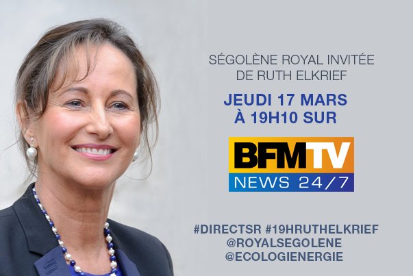 Ecologie_Gouv's tweet image. #DirectSR Aujourd'hui à 19h10 @RoyalSegolene sera l'invitée de @ruthelkrief sur BFMTV #19hRuthElkrief