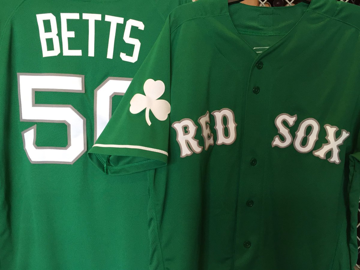 RedSox's tweet image. Drumroll please... Here are the jerseys players will be taking the field with today! #StPatricksDay ☘