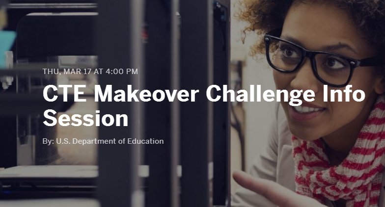 Makerspaces_com's tweet photo. Today is the #CTEMakeover Challenge info webinar at 4pm ET. Register for FREE https://t.co/WlwnfNWSeH #makerspaces https://t.co/2hBVeQpZmo