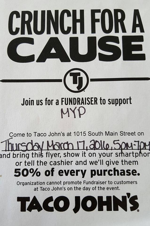 Official_MYP's tweet photo. MYP gets 50% of all sales at Maryville Taco Johns tonight, 5-7pm! Thanks @tacojohns! #CrunchforaCause #StPattysTacos https://t.co/OAhi01uv70