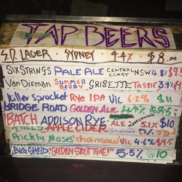 Current taps (courtesy of <a href="/kennsysmith/">Kenny Smith 🌻</a>) include <a href="/bigshedbeer/">Big Shed Brewing Co.</a> <a href="/BatchBrewCo/">Batch Brewing Co</a> <a href="/NakedNed/">Bridge Road Brewers</a> <a href="/6StringBrewing/">Six String Brewing</a> <a href="/vandieman/">VanDieman</a>