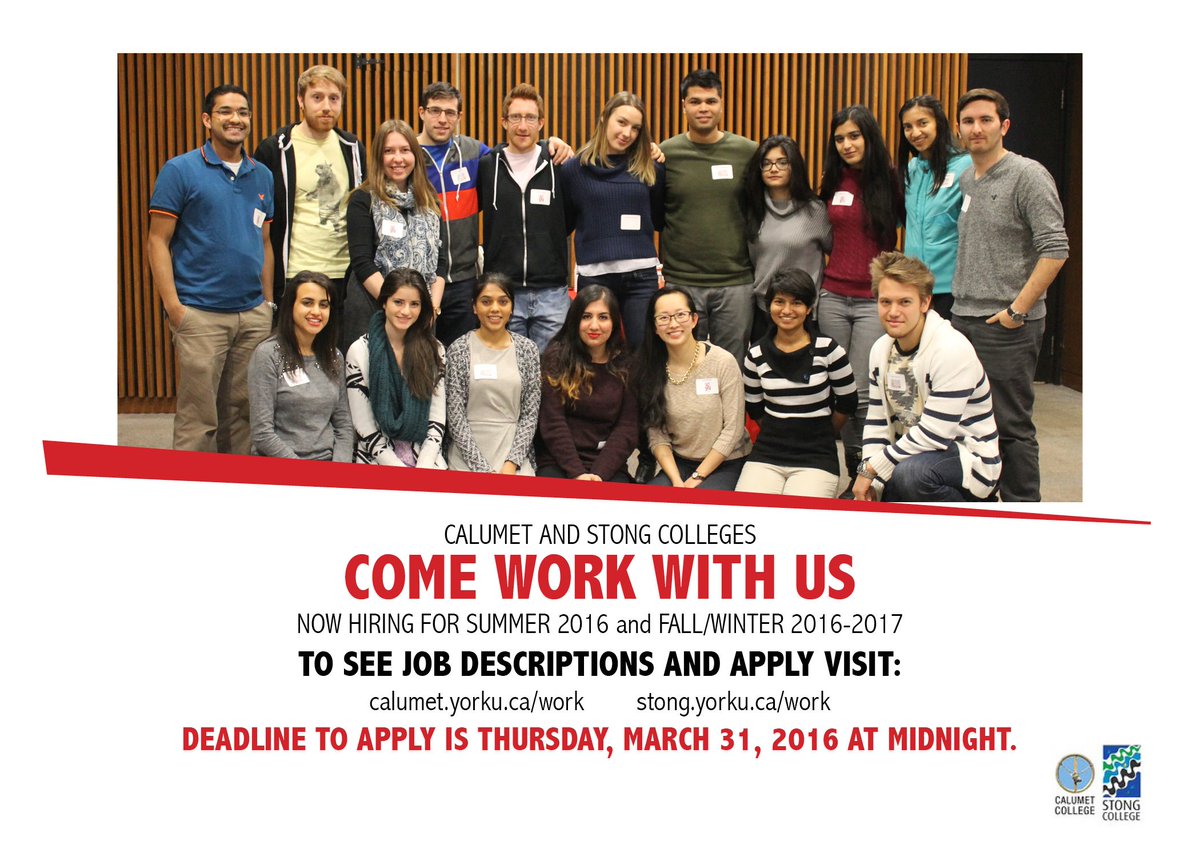 Calumet and Stong are now hiring for Summer 2016 and Fall/Winter 2016/2017. Click to apply: bit.ly/21wTZaZ