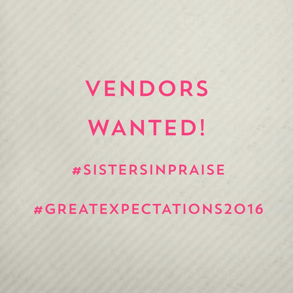 SistersinPraise's tweet photo. Vendors wanted! If your are interested email us at sistersinpraise1@gmail
#sistersinpraise #GreatExpectations2016 https://t.co/Ebff5yUGfK