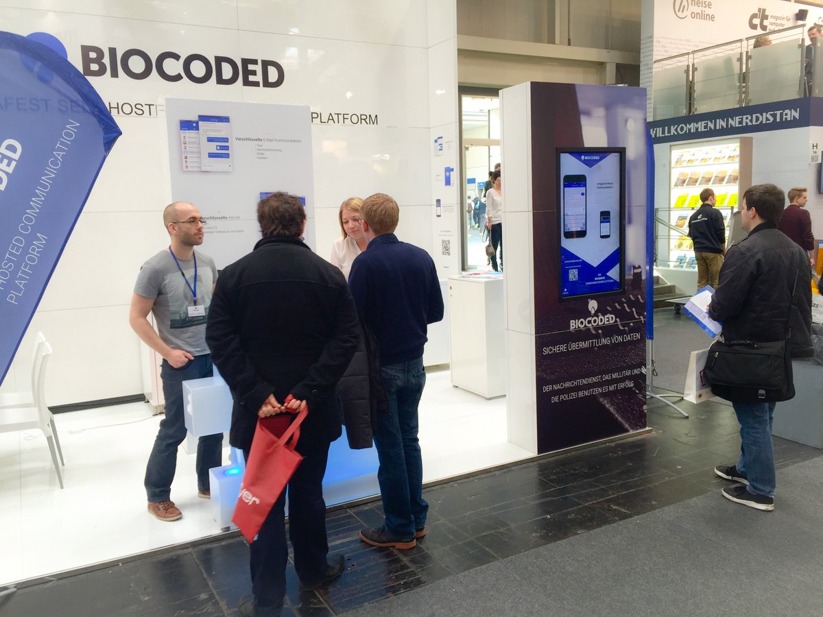 biokoda's tweet photo. Sergej & Amelie demonstrating Biocoded at our booth. #CeBIT, hall 6, stand H18. Visit us! #Biocoded #security https://t.co/IRrZ983LxL