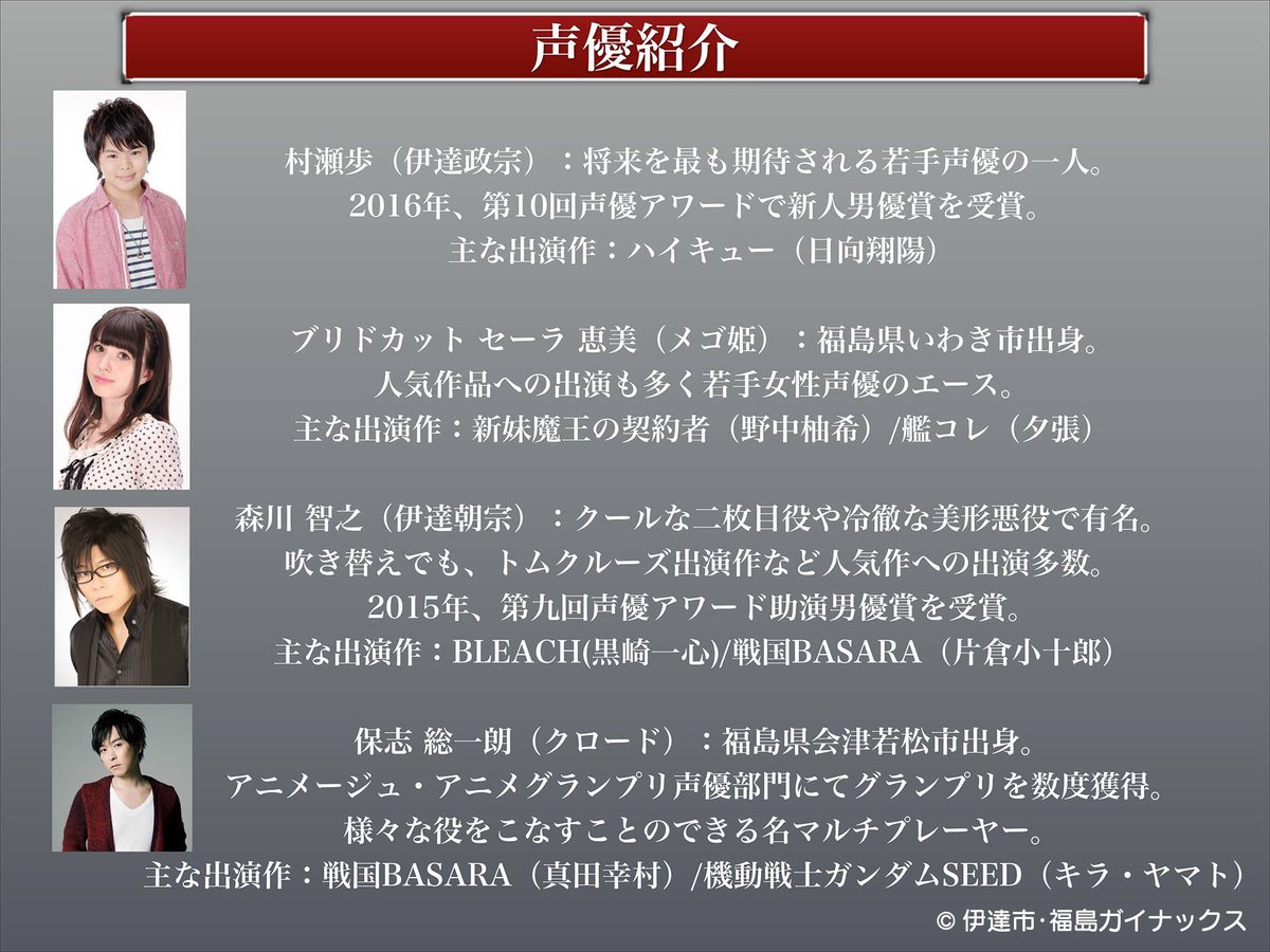 ট ইট র Shigeさん 政宗ダテニクル のキャストが発表されたけども テレビを見ない俺でもわかる豪華声優 伊達市 伊達政宗 愛姫 福島gainax T Co Kwq0ssc8na