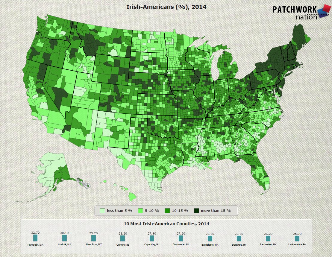 PatchworkNation's tweet photo. Happy #StPatricksDay! Check out The Most #Irish-American Counties map on #PWNation https://t.co/TBQnyhsMKV https://t.co/f04iRMck2l