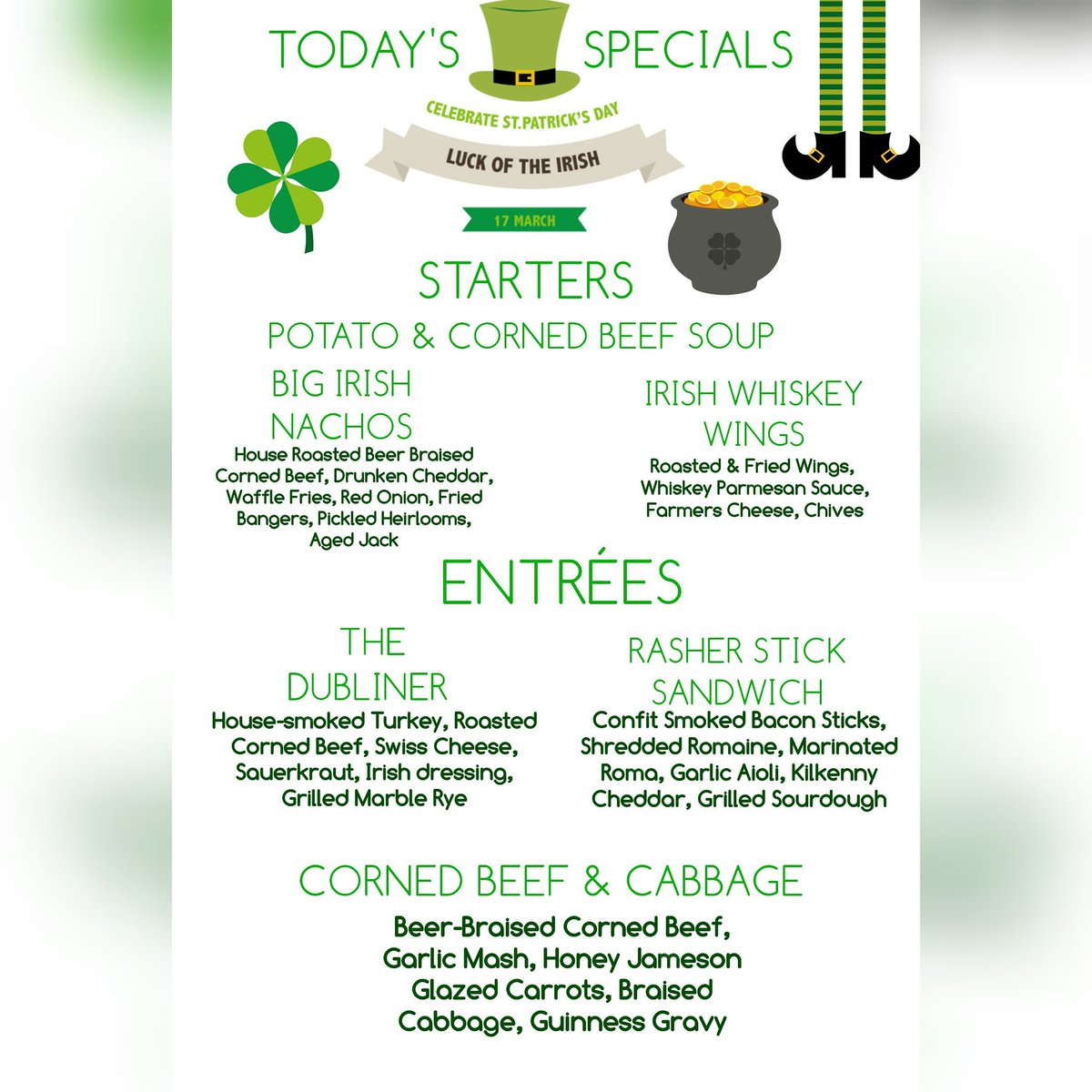 Get your Irish on with us! #chefspecials #clermont #hungry #greenbeer #stpatricksday #shamrock #allday