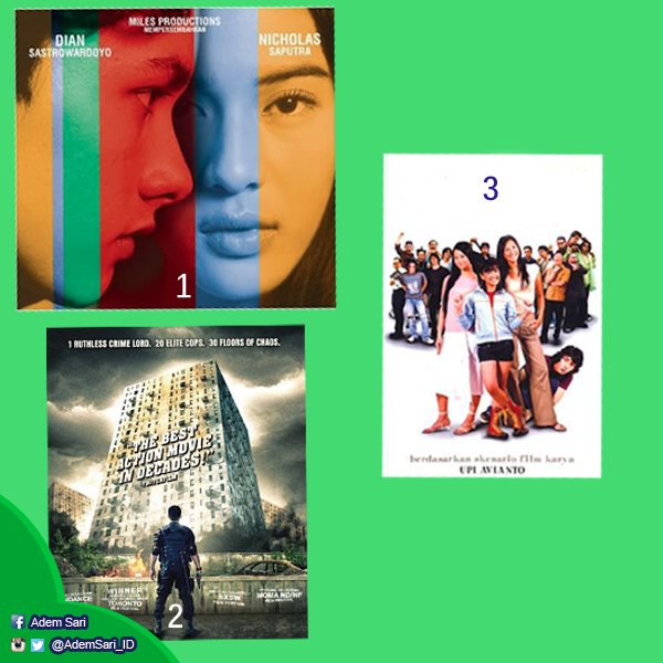 AdemSari_ID's tweet photo. Ada yang tau nama tiga film ini? Coba tebak nama filmnya apa aja AdeMania! #AdemUpdate #TebakAdem https://t.co/MD1YNLHcDv