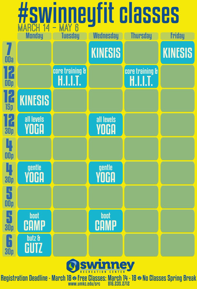 UMKCRec's tweet photo. Free Fitness Classes continue today! Join us for HIIT and Core Strength at 12pm! #umkc #swinneyfit #roowellness https://t.co/Qw3kmhefZD