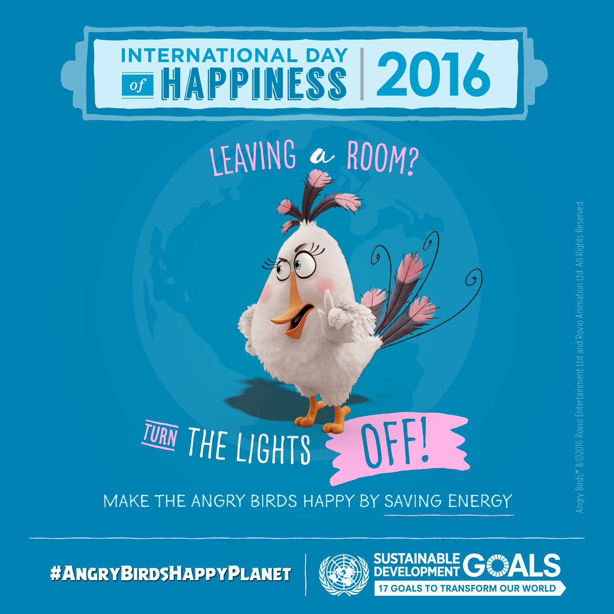 UN's tweet image. Tweet your pledge to turn off unnecessary lights to @AngryBirds using #AngryBirdsHappyPlanet for #HappinessDay