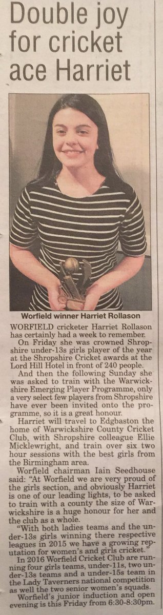 WorfieldCC's tweet photo. Thank you @bridgnorthadv great article on @GertR16 and girls and ladies cricket 🏏  @LoveBridgnorth @bridgnorthhour1 https://t.co/nRcmd6xp6r