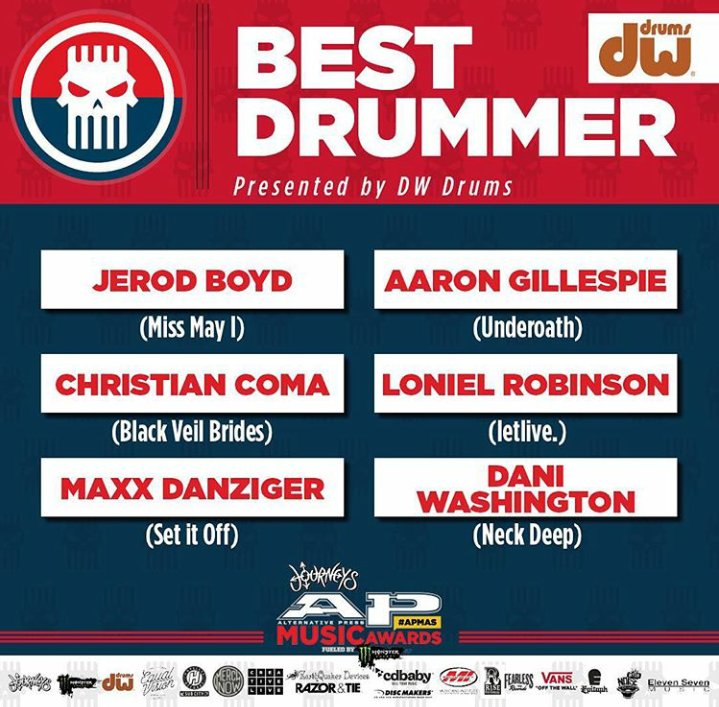 ParamoreINTL's tweet image. Aaron Gillespie, who's toured with @Paramore for a few years now, is nominated for Best Drummer at the 2016 #APMAs.