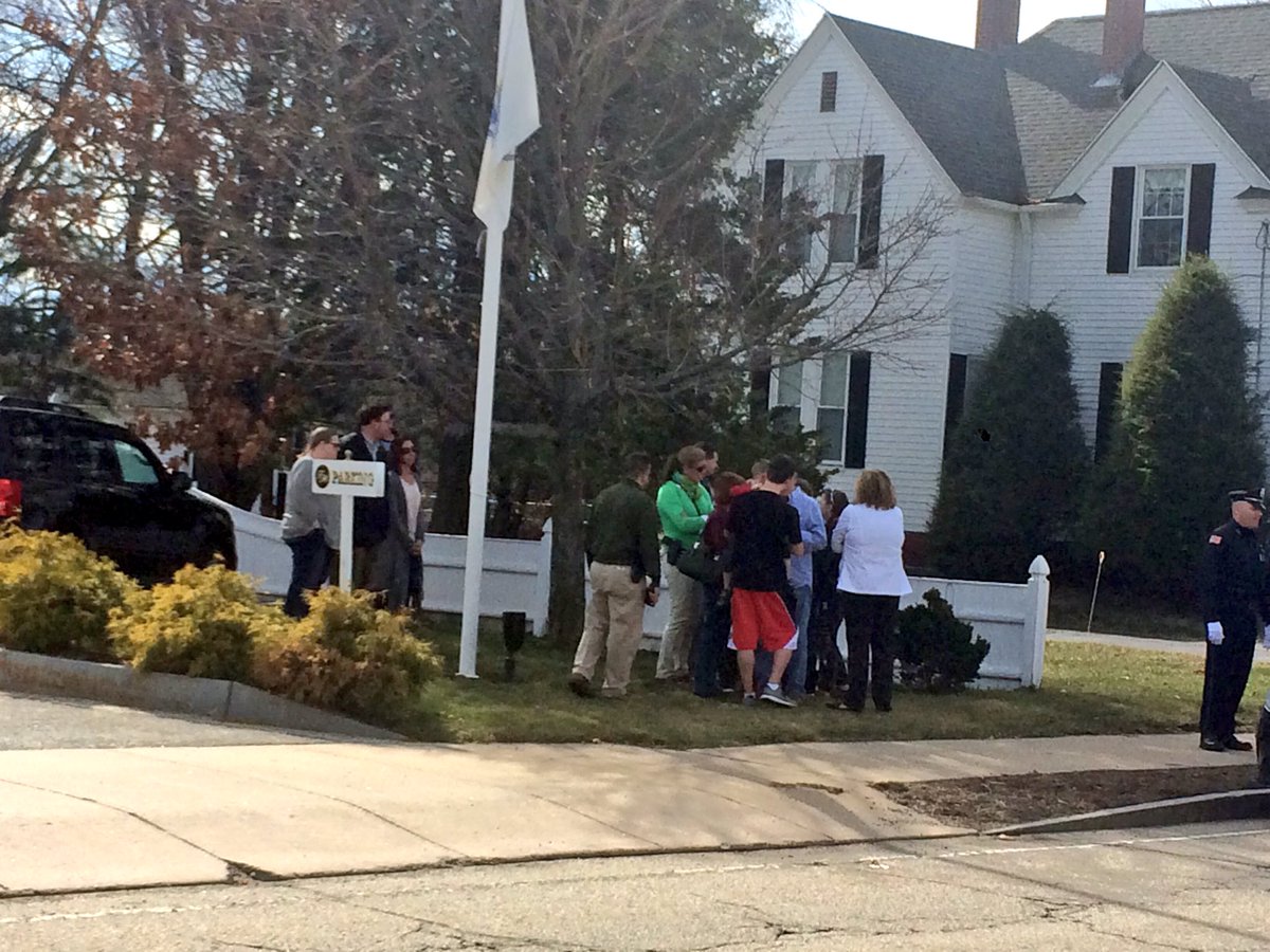 Family of fallen <a href="/MassStatePolice/">Massachusetts State Police</a> Trooper Clardy outside #Hudson funeral home to welcome home their hero. #FOX25