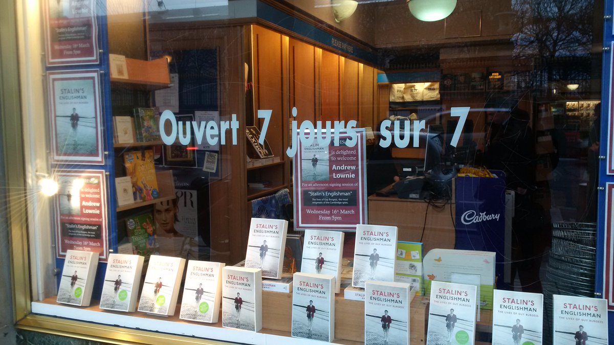 andrewlownie's tweet photo. Lovely window display @Guyburgessbook WH Smiths, Paris.@WHSmithParis @WHSmithEvents @WHSmith @SpiesShadowsTV https://t.co/JRXKpnRUOl
