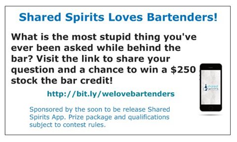 Want $250 to stock your bar? <a href="/SharedSpirits/">Shared Spirits</a> wants your answer for a chance to win! #SharedSpiritsLovesBartenders