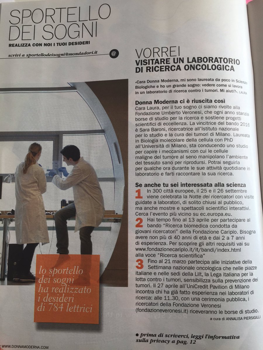 elirossa's tweet photo. Sara Baroni vincitrice #grant2016 @Fondaz_Veronesi realizza un #sogno #sportellodeisogni @DonnaModerna @Annipiersi https://t.co/aJv1N67WHy
