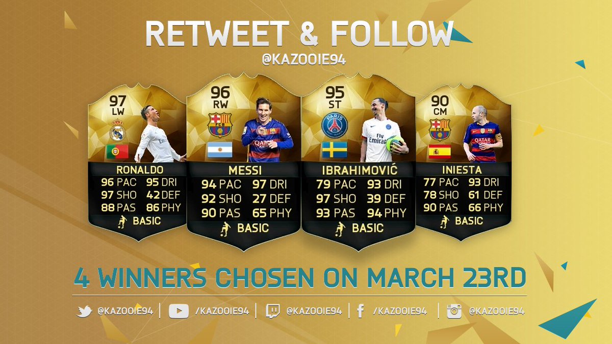 Kazooie94's tweet photo. RT &amp; Follow for a chance to win one of these 4 insane players! Thanks to @EASPORTSFIFA https://t.co/6vpHv1bWrq