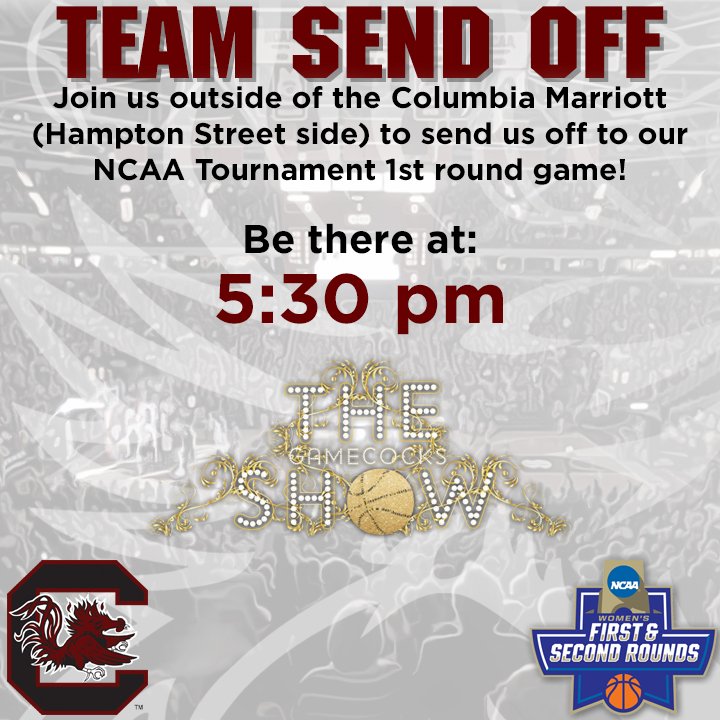 GamecockWBB's tweet image. Join Cocky, the band and cheer outside @MarriottColaSC to send us off to @CLAmktg! Team departs at 5:40 #TheShowNCAA