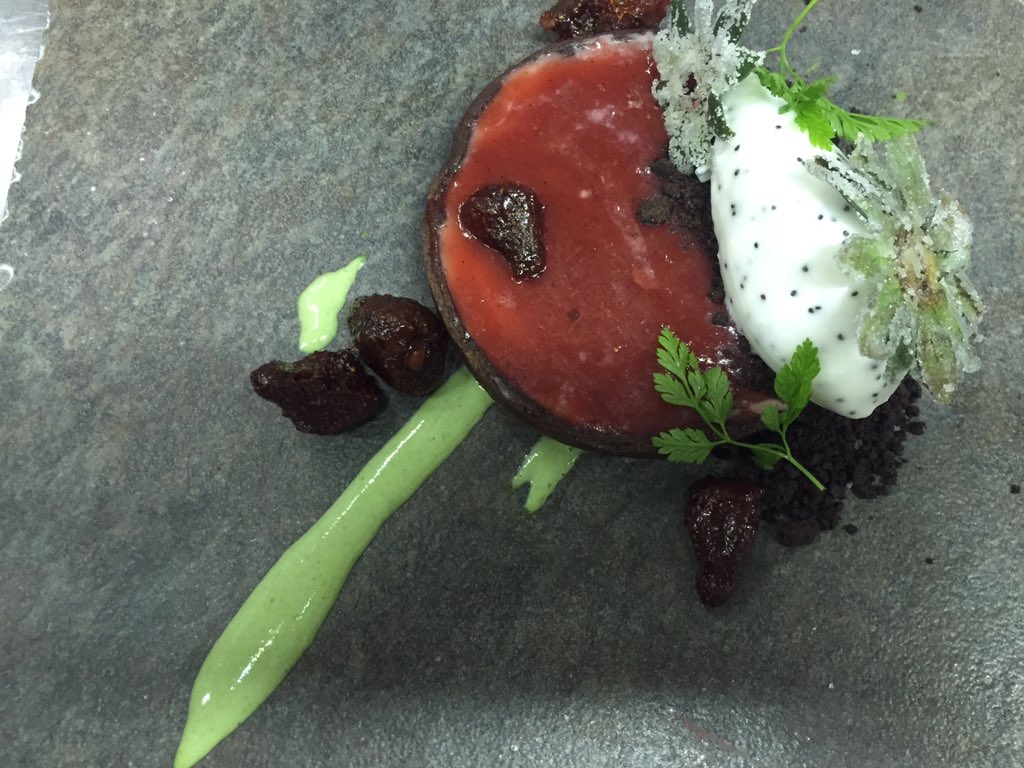 Strawberry and chocolate tart, tarragon, créme fraîche sorbet.