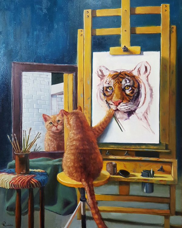 purringtonpost's tweet photo. How Cats see themselves. Love this painting called "Norman Catwell" by @luciahefferan at @catartshowla #cats #meow https://t.co/QXguUSYl4G